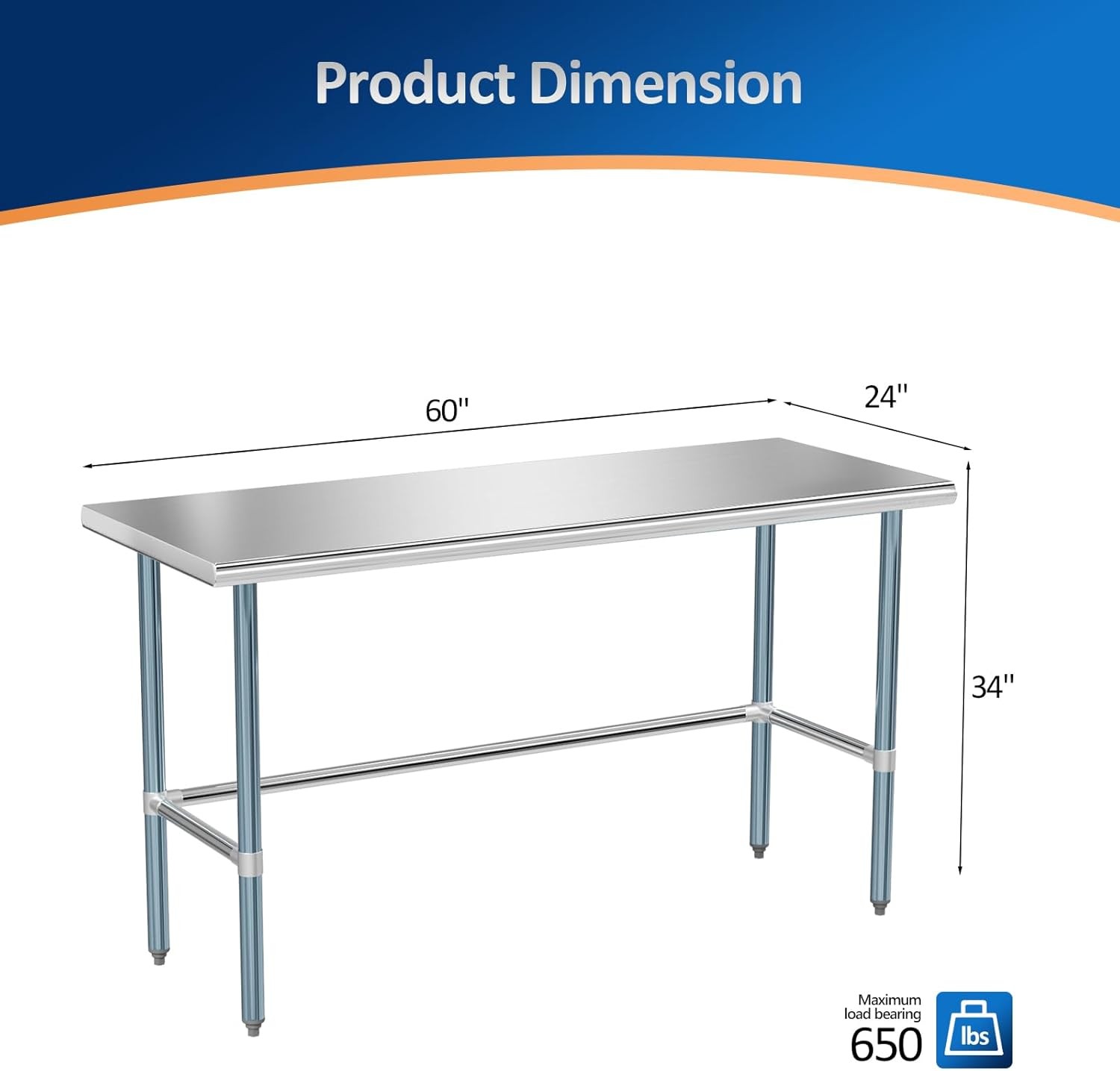 60″ x 24″ x 34″ Commercial Open Base Stainless Steel Work Table for Kitchen New