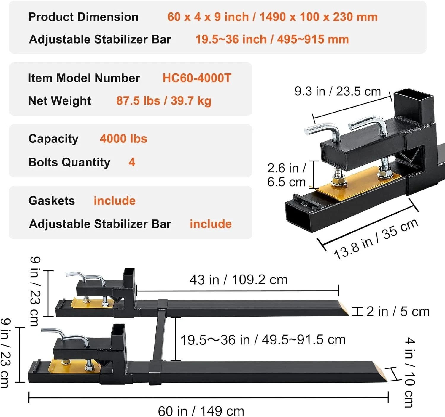 Alloy Steel Pallet Forks 60″ – 4000 lbs Capacity with Easy Clamp Installation