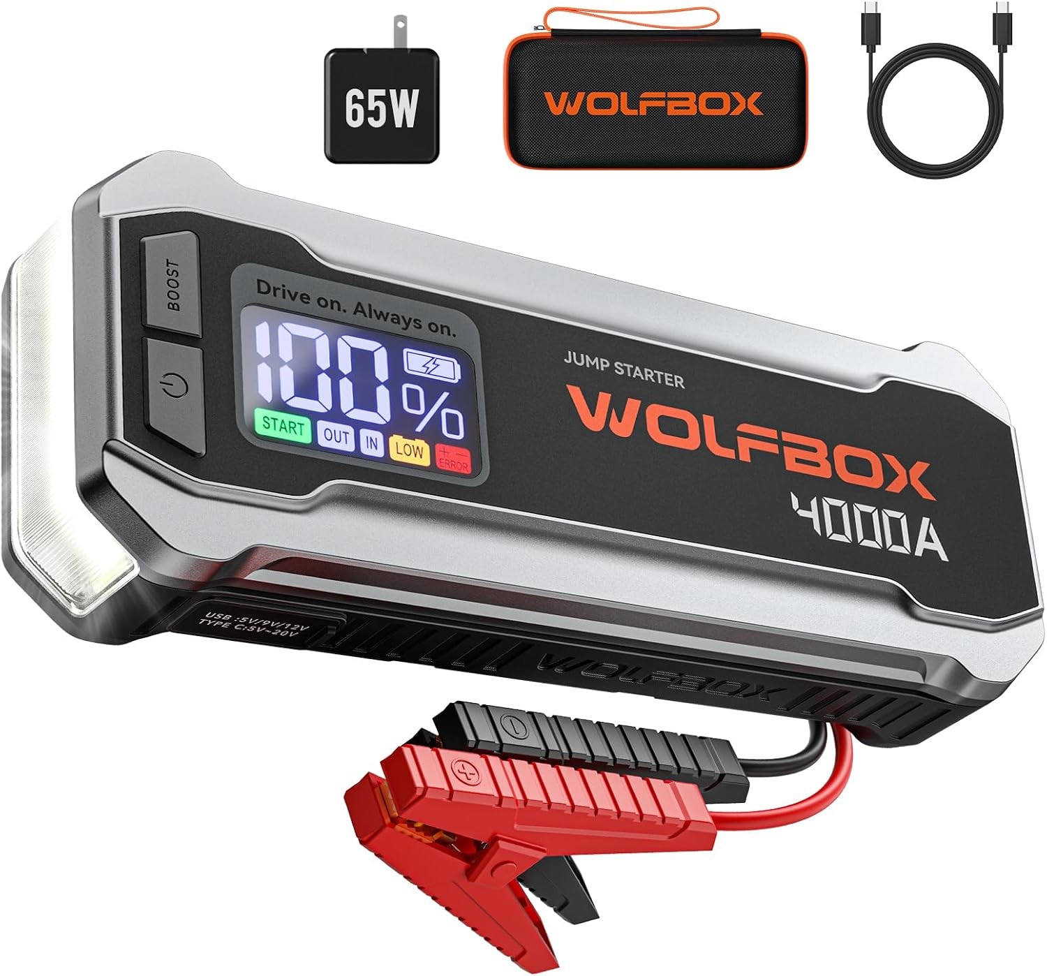 WOLFBOX 4000A Jump Starter,12V Car Battery Jumper Starter Portable with 65W Quic