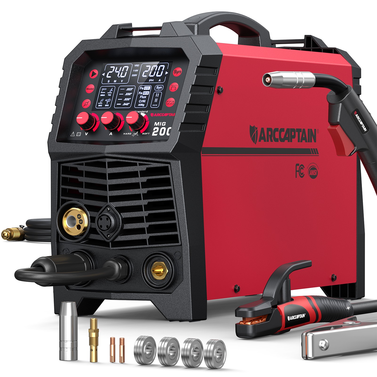 ARCCAPTAIN 200A MIG Welder 6 in 1 Gas/Gasless Flux Core/Stick/TIG & Welding Rod