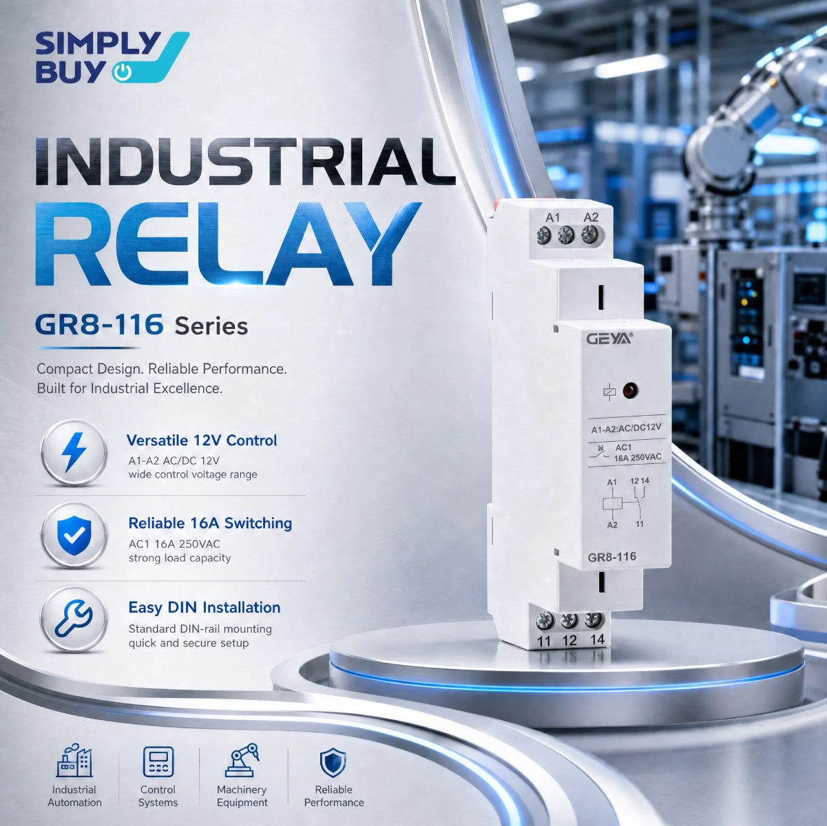 Intermediate Relay Auxiliary Relay 1SPDT RELAYS 16A Din Rail GR8-116 AC/DC12V