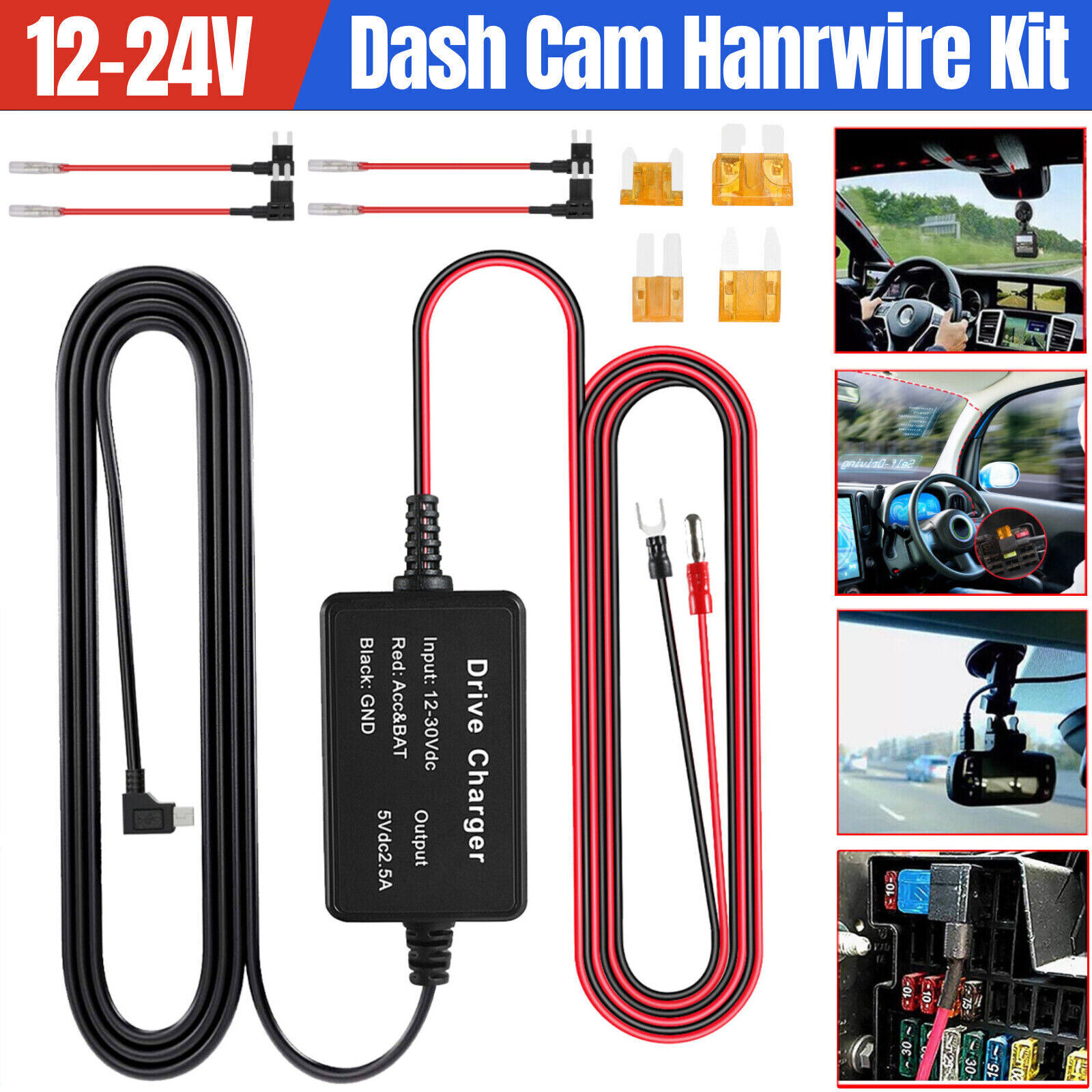 Universal Dash Cam Hardwire Kit Mini USB Hard Wire Cable Fuse 12-24V for Car DVR