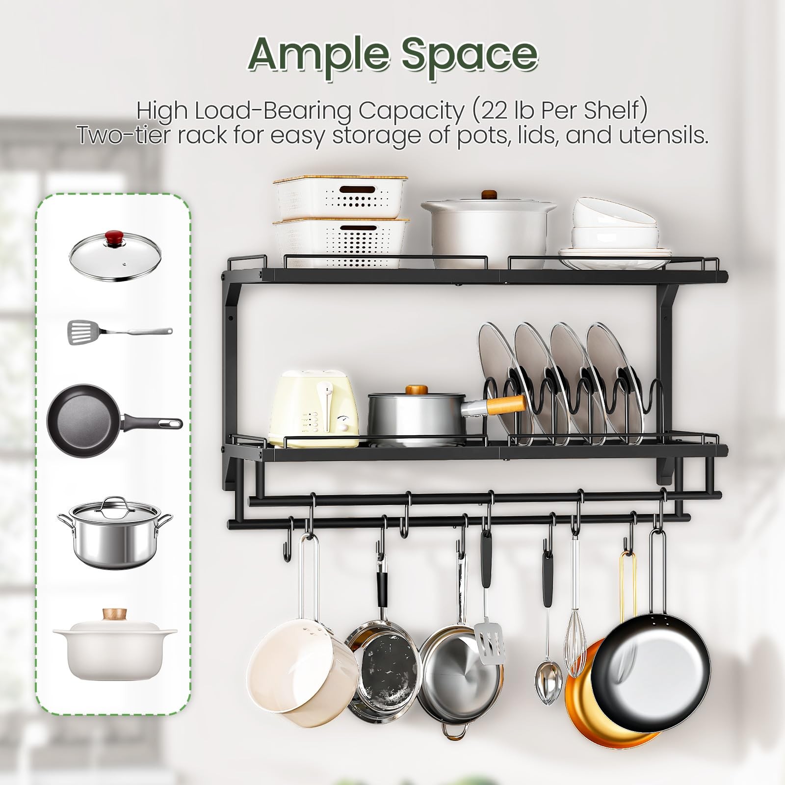 CHOEZON Pot Rack, Wall Mounted Pan Holder, 2-Tier and Large, Black