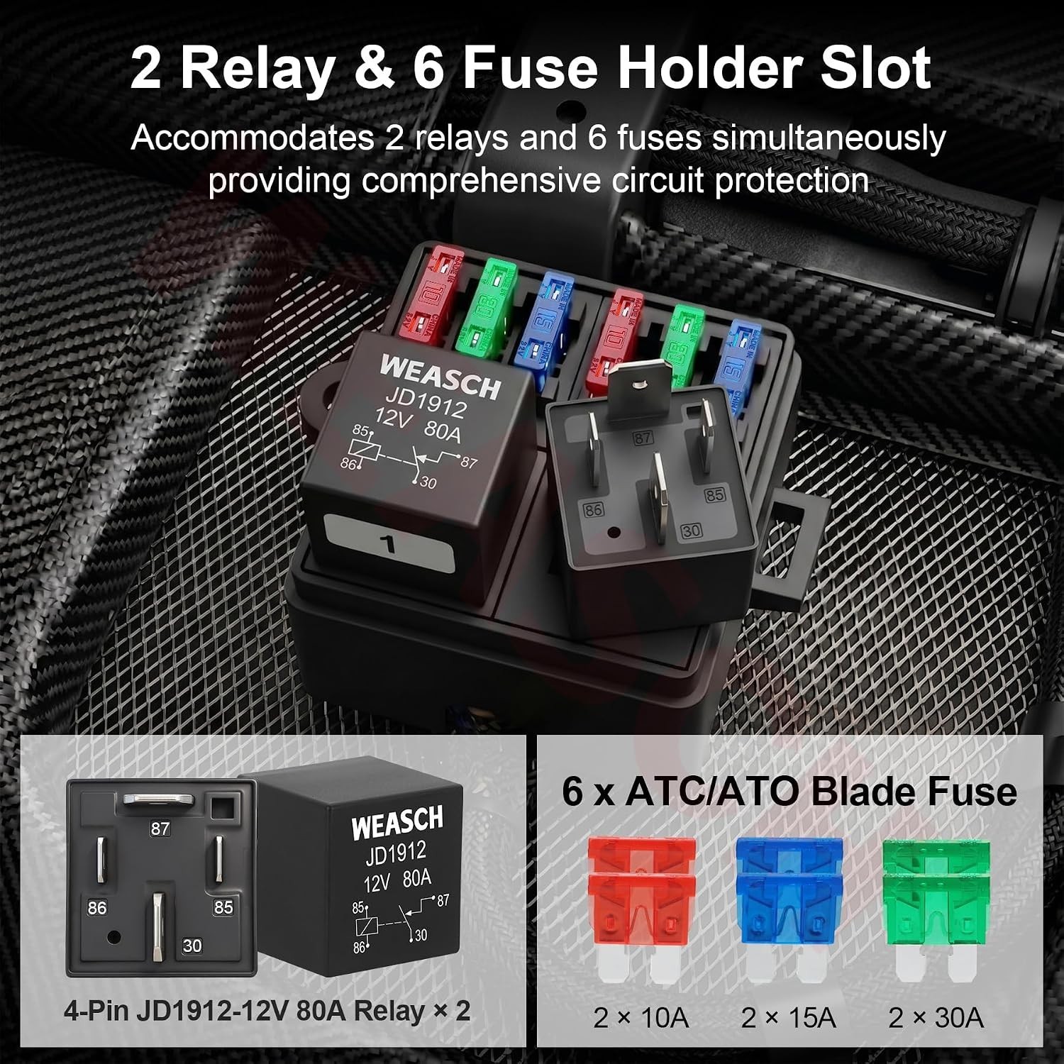 12V Pre-Wired Fuse Relay Box, 4-Pin 80A Relay Block and Kit, 2 Relays and 6 ATC/
