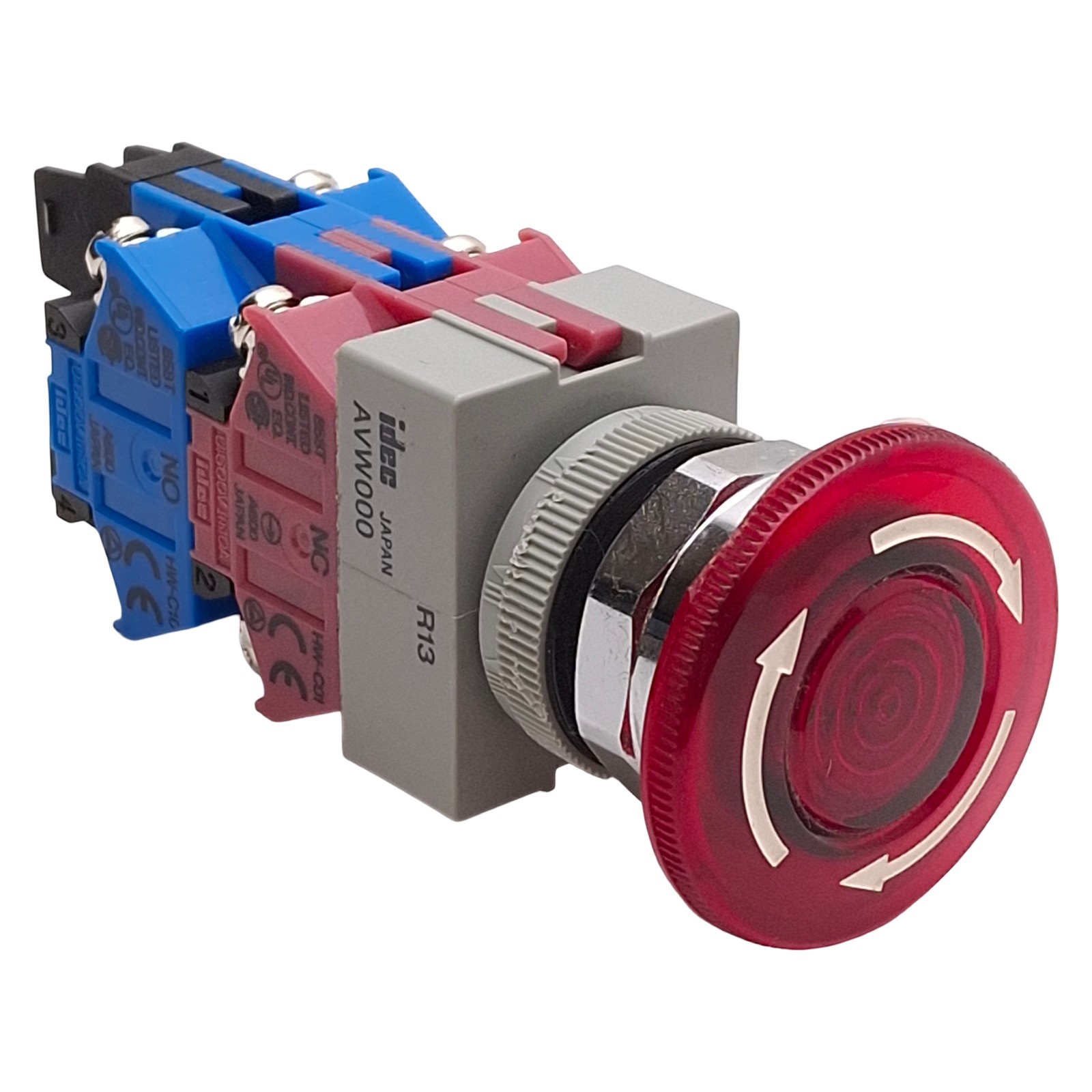 Idec AVLW49922D-R-24V Illuminated E-Stop, Twist-Release, 2NO+2NC, 10A 600V