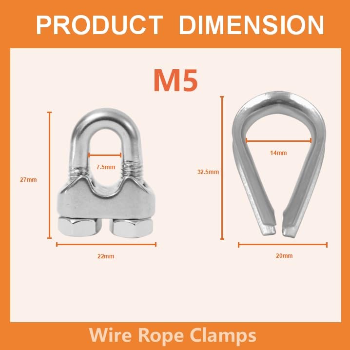Lyrlidr 8 Pcs M5 Wire Rope Clamps Cable 4 3/16″ Thimble…