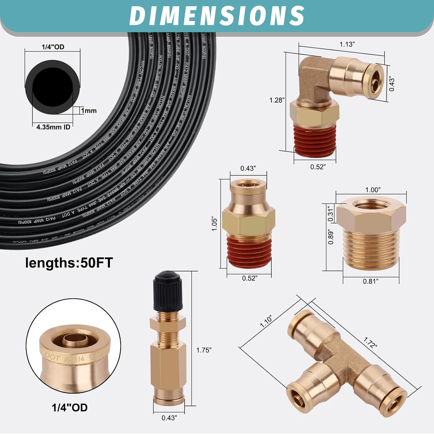 50FT 1/4 Air Hose Brass Fittings Kit 11Pcs 1/4″ OD Quick Push to Connect DOT Bra