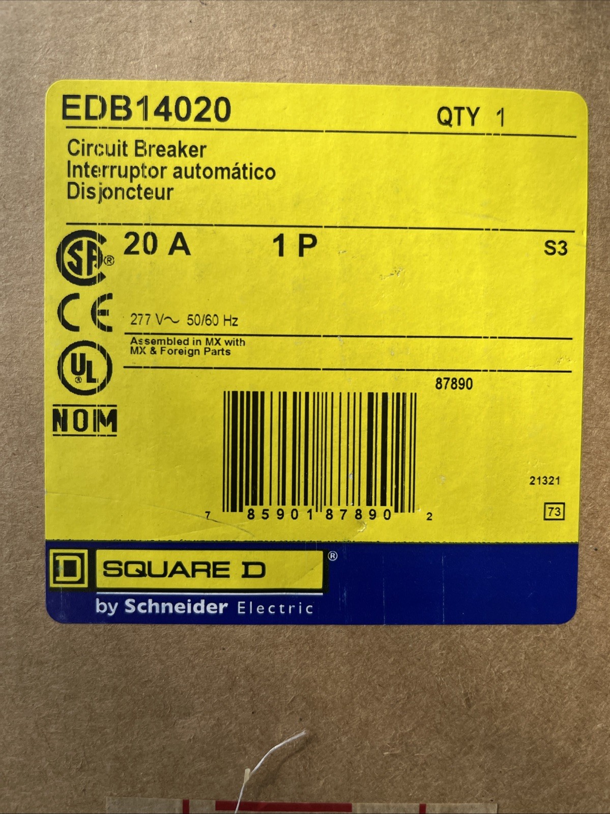 Square D Circuit Breaker EDB14020 20A, 277 V, 1 Pole