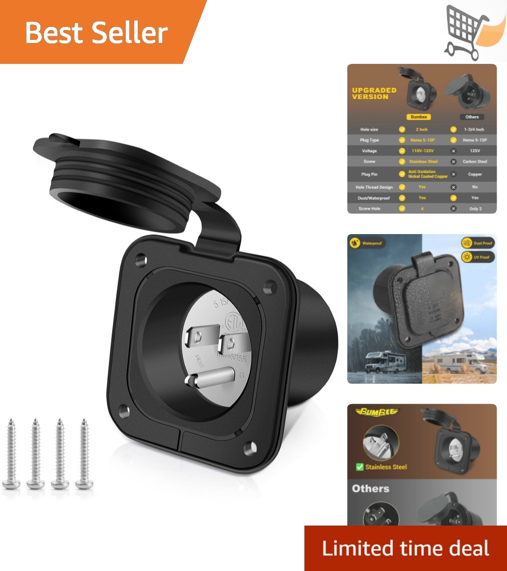 15 Amp AC Inlet Plug Marine RV Electrical Port Waterproof Cover Outdoor