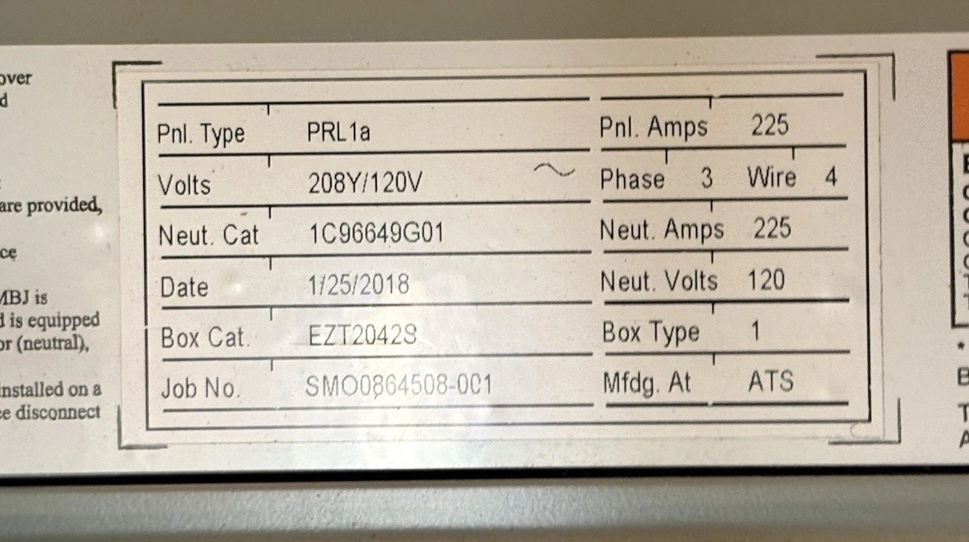 Eaton Pow-R-Line PRL1a Panelboard 225A 3-Phase 201-250V UL Listed