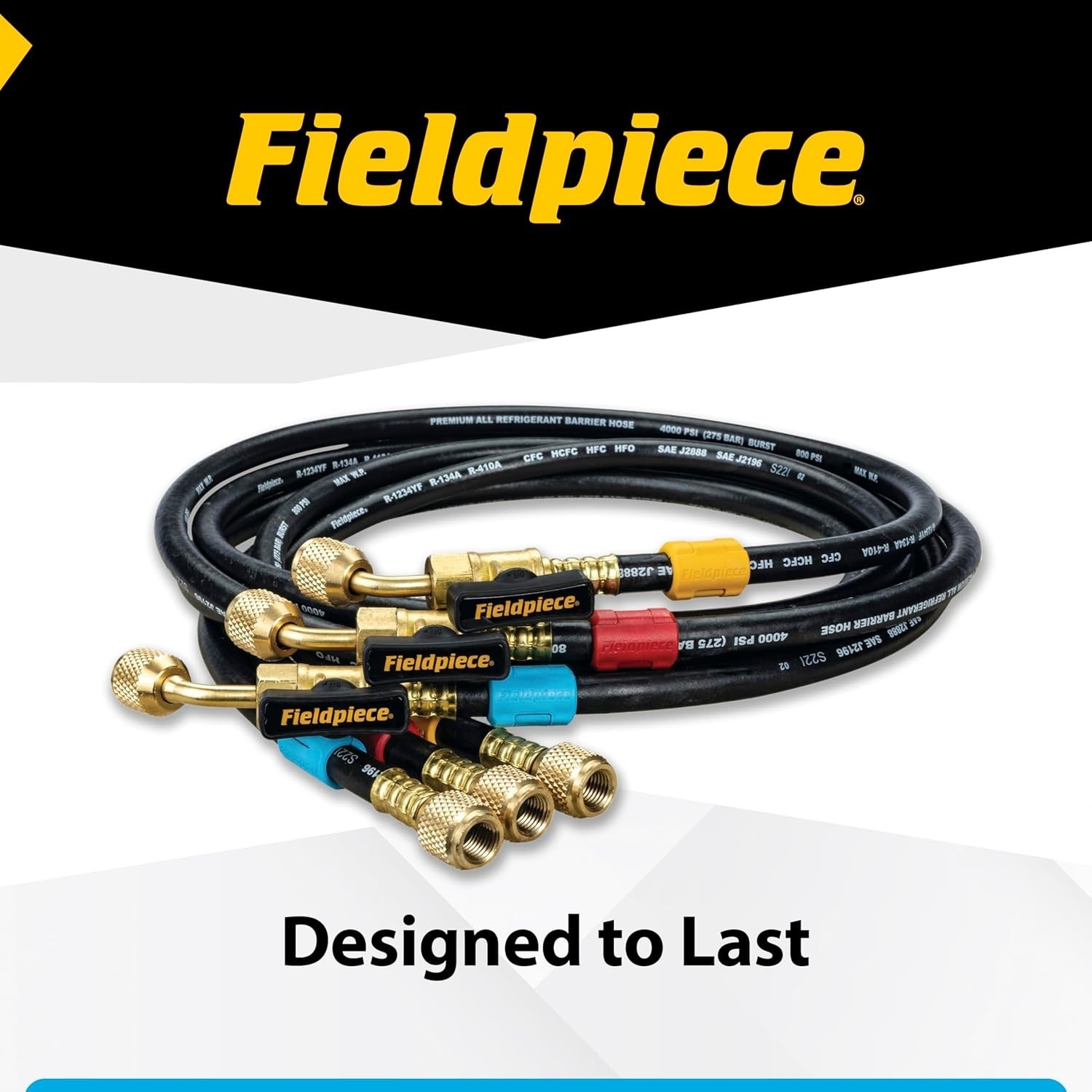 Fieldpiece HR3B – ¼” Ball Valve Hose Set – 5 ft Refrigerant Charging & Recovery