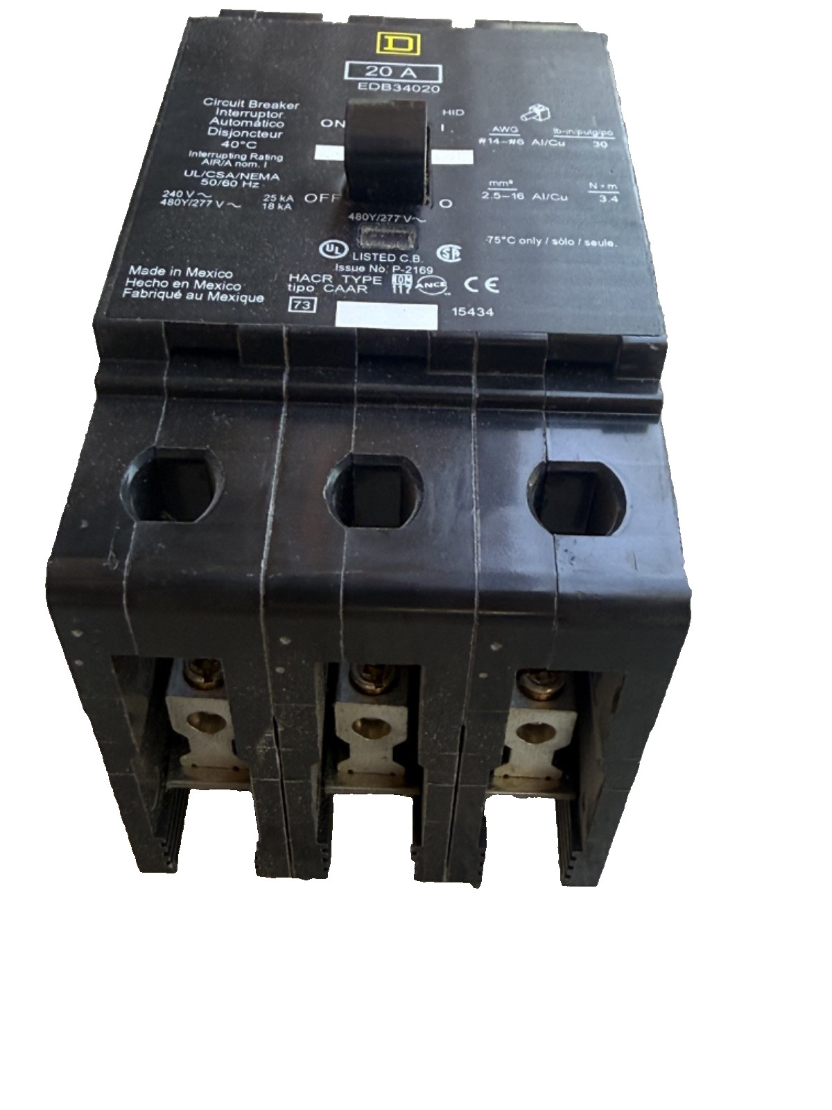 Square D EDB34020 3p 480v 20a 18k NF Bolt In Circuit Breaker NICE USED