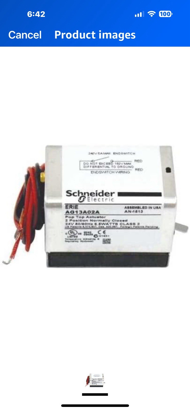 Erie Ag13a02a 24V Normally Closed Actuator w/ 18″ Leads & End Switch