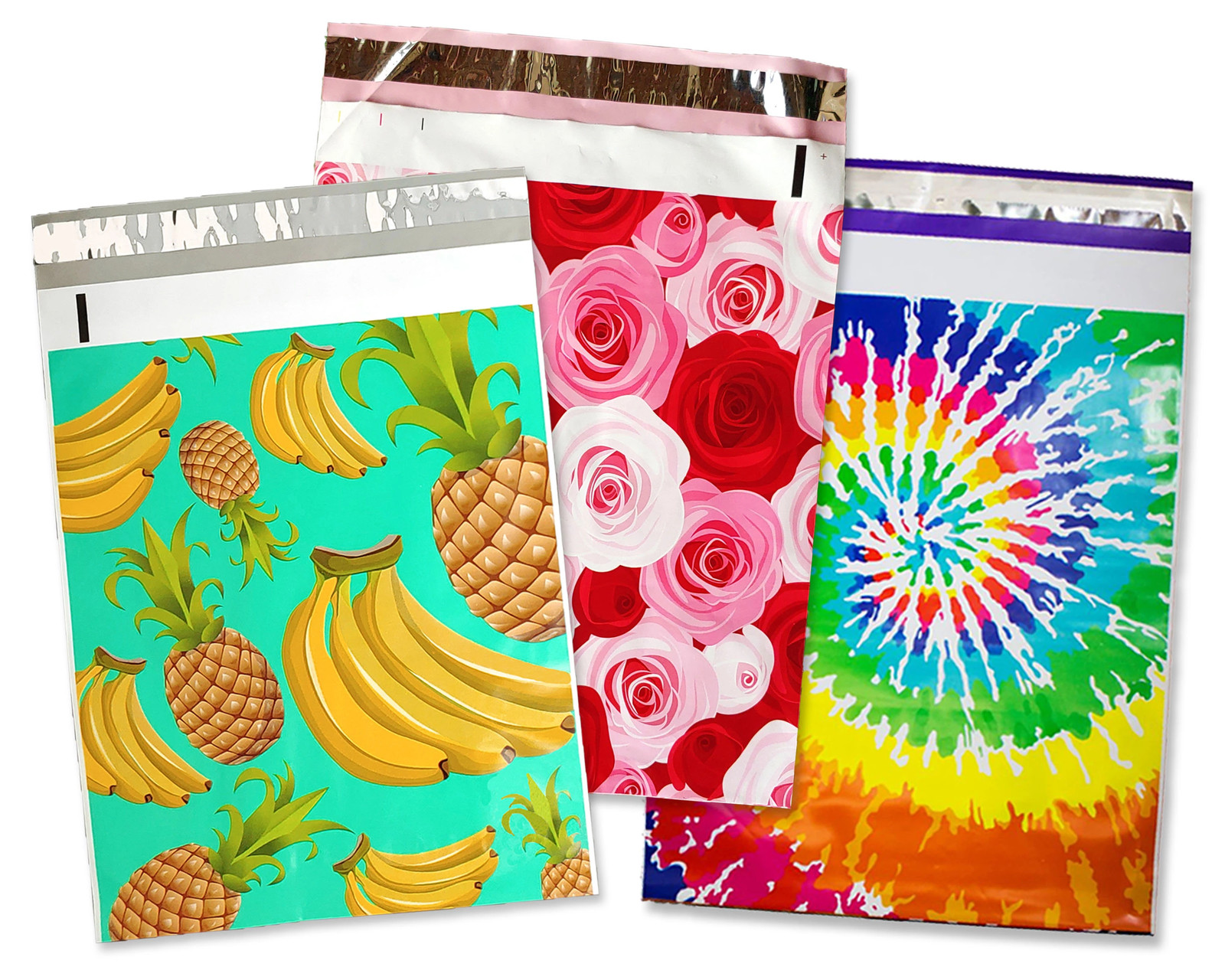 10×13 Tie Dye, Aqua Teal Pineapple, Red & Pink Roses Poly Shipping Mailer Combo