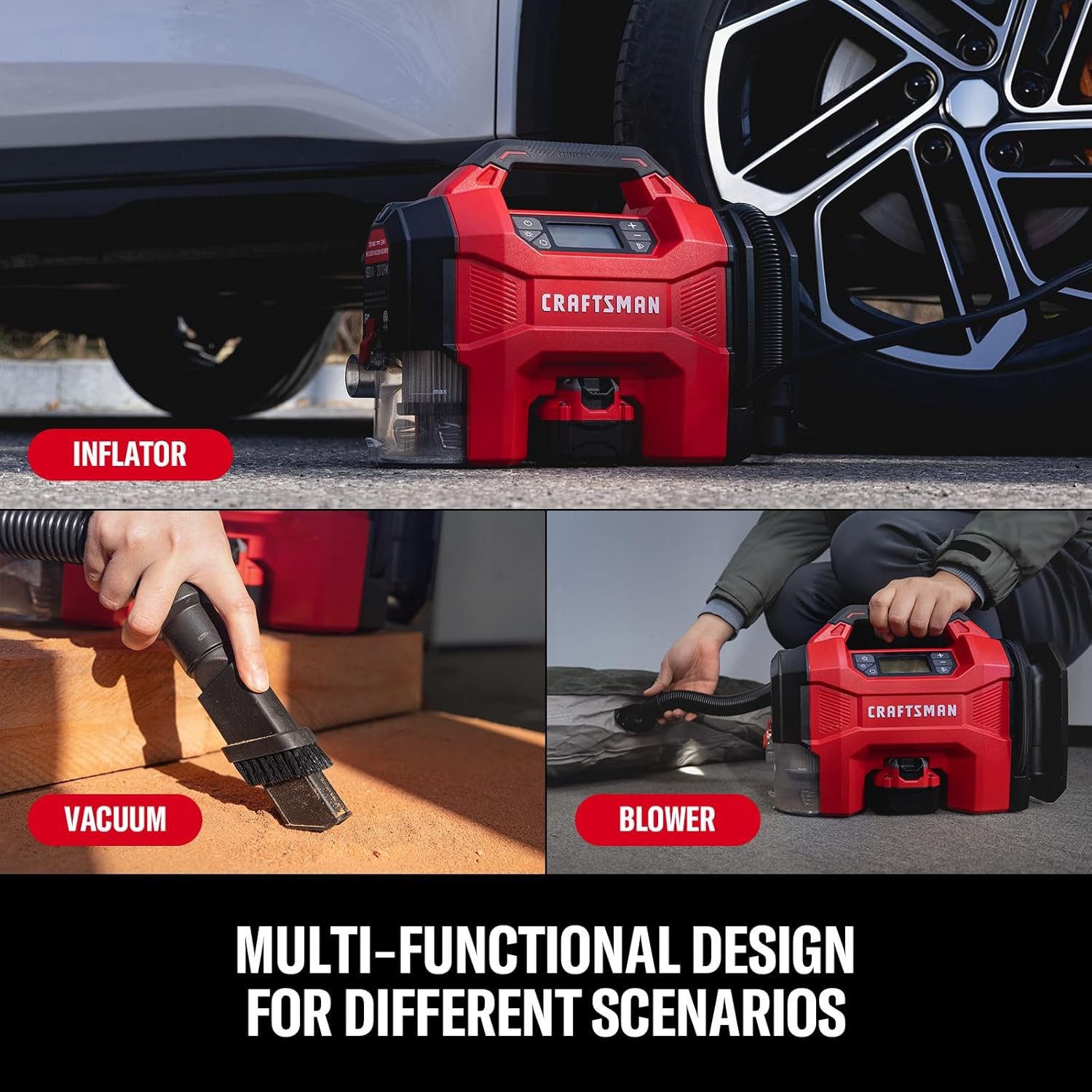 CRAFTSMAN 3-in-1 Tire Inflator, 160PSI Portable Air Compressor/Car Vacuum/Dust B