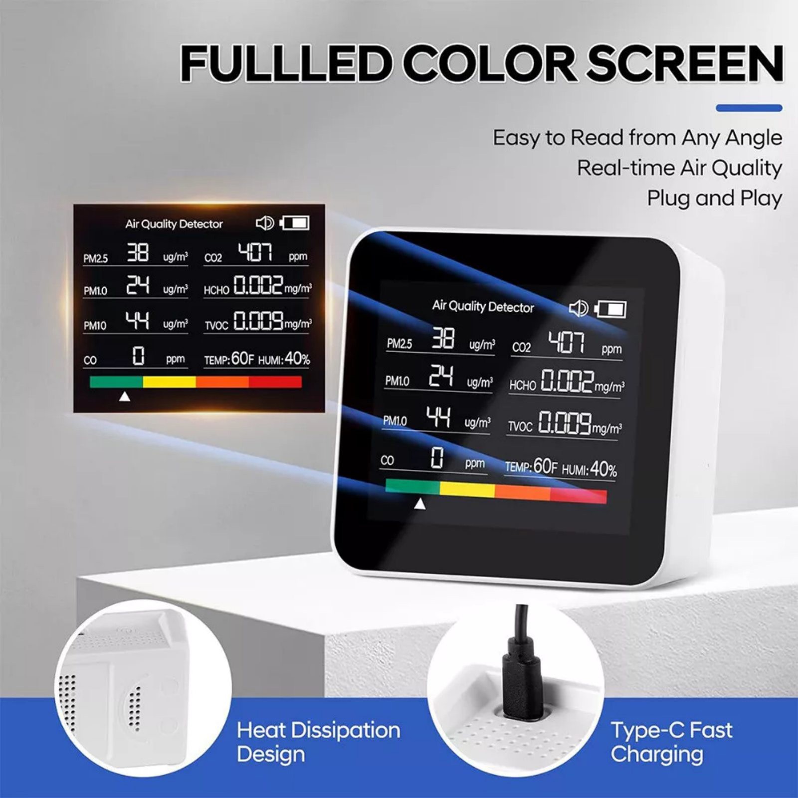 9-in-1 Air Quality Monitor Indoor Carbon Monoxide Detector PM2.5/1.0/10 HCHO