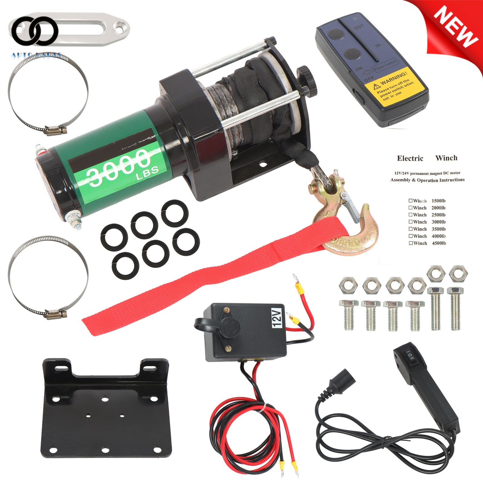 32ft Synthetic Rope 3000lbs Electric Winch 12VDC/1.3HP Wireless & Wired Remote