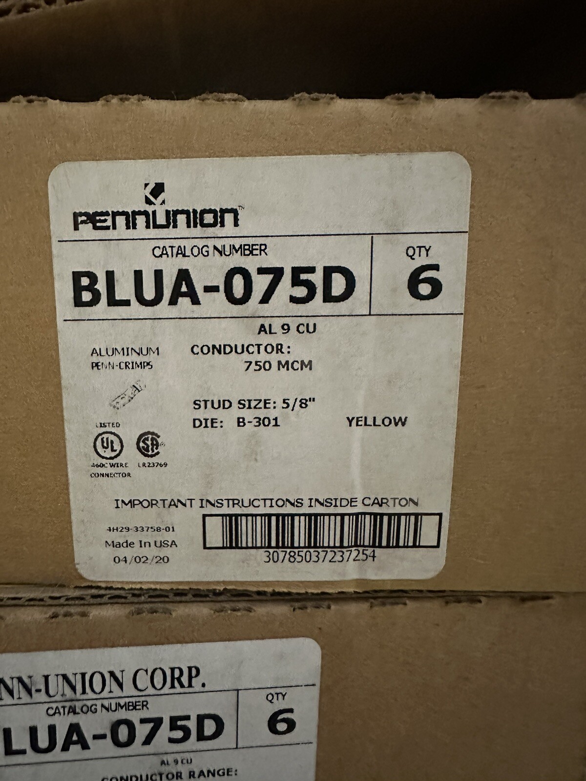 ⚡️Pennunion BLUA-075D Aluminum Compression Lug Two Hole 750 kcmil 075
