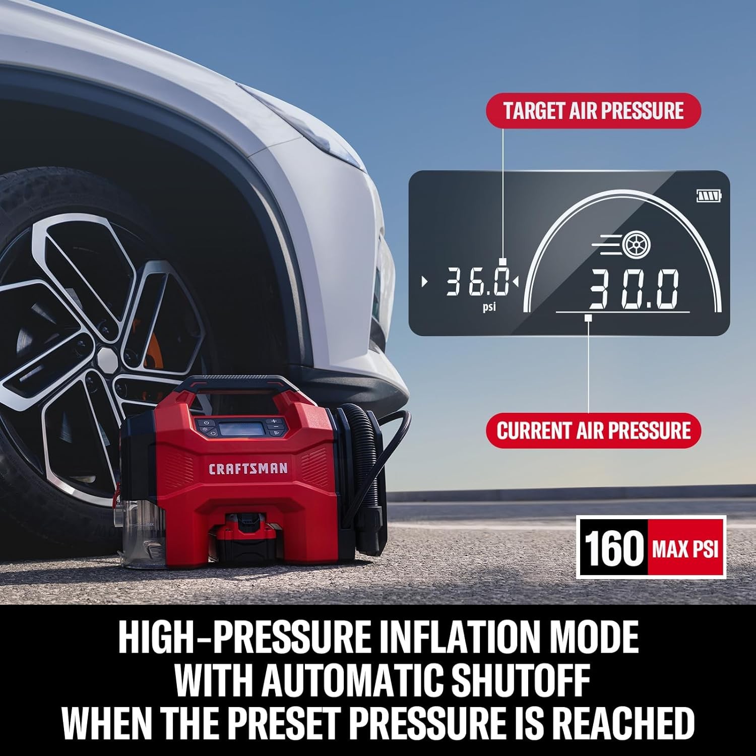 CRAFTSMAN 3-in-1 Tire Inflator, 160PSI Portable Air Compressor/Car Vacuum/Dust B