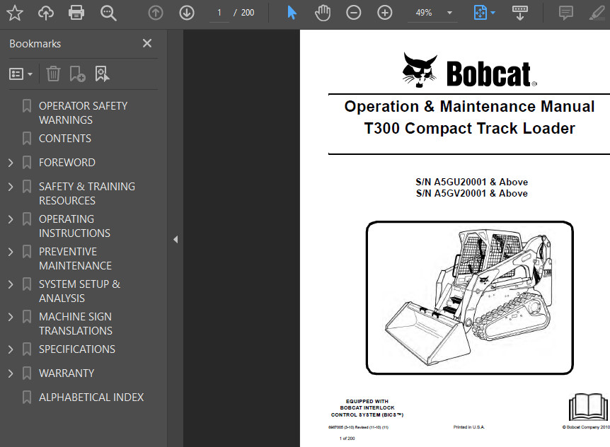 BOBCAT T300 COMPACT TRACK LOADER OPERATORS SERVICE REPAIR SHOP MANUAL PDF USB
