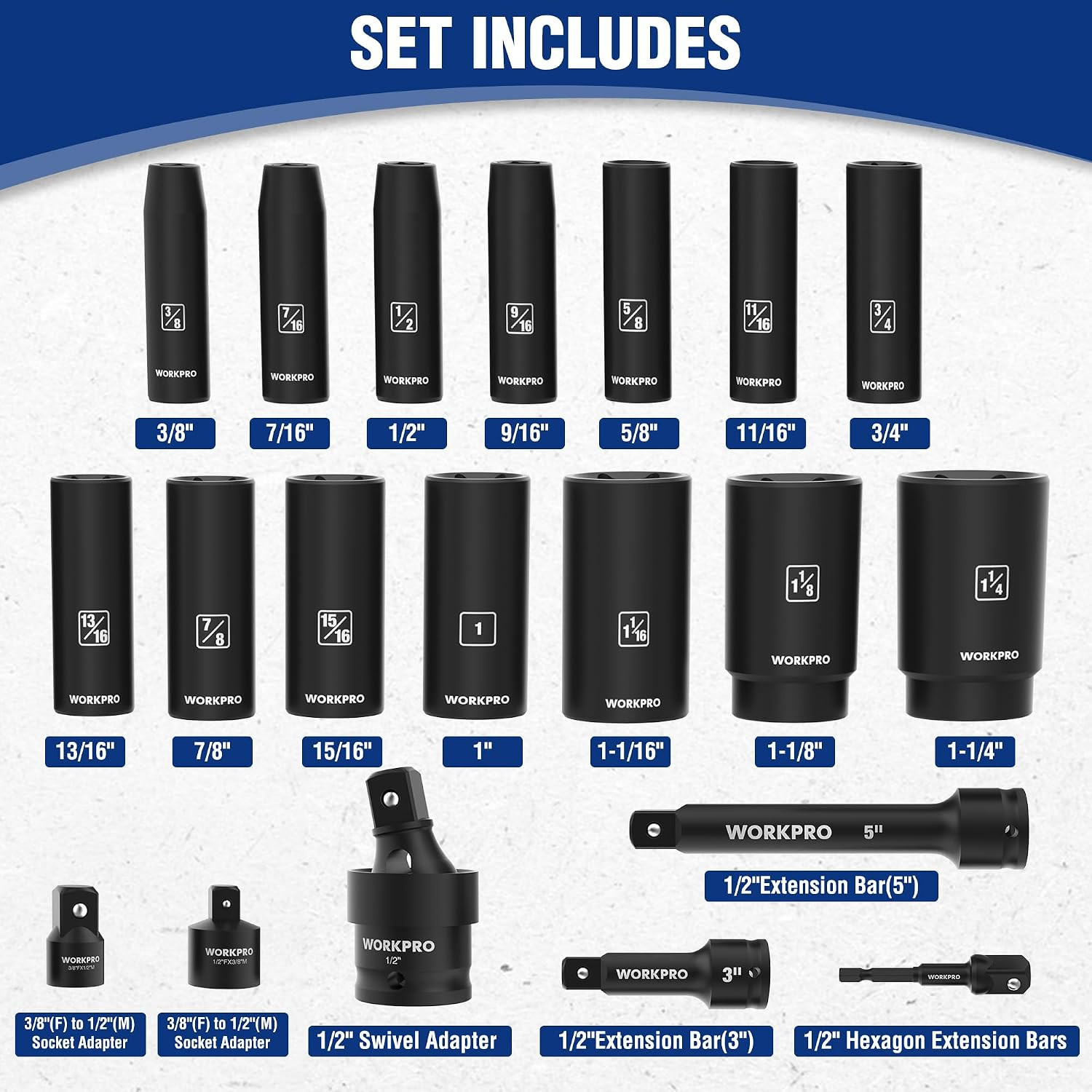 20-Piece 1/2＂ Drive Deep Impact Socket Set, SAE | 6-Point, Cr-V Steel, 3/8″-1-1/