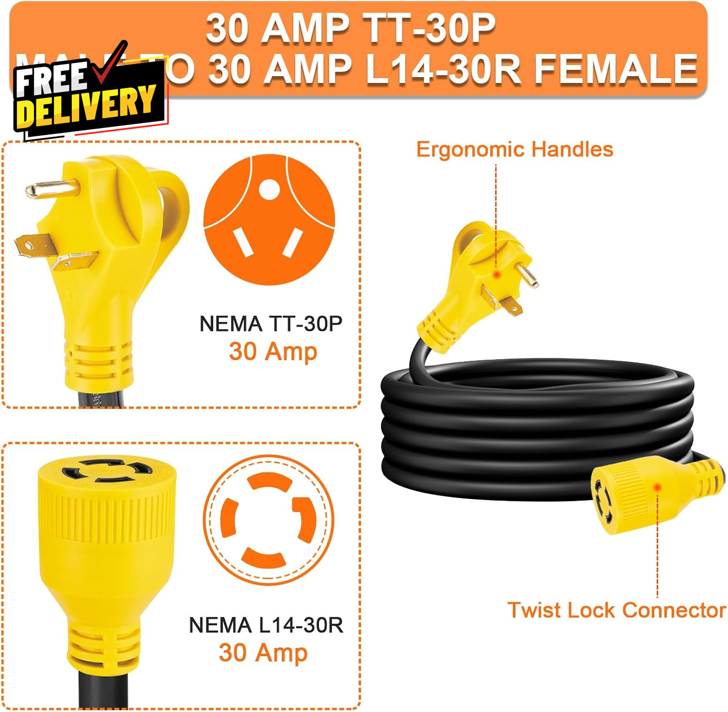 10Ft Generator Transfer Switch Adapter Cord NEMA TT-30P to L14-30R, 3 Prong 30 A