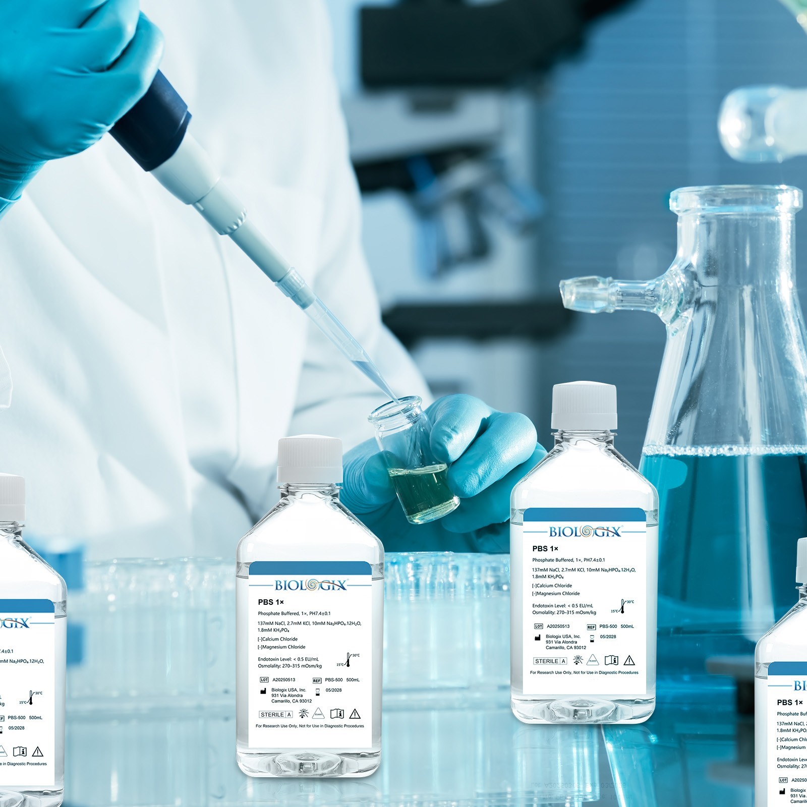 Biologix® PBS Buffer (1×), pH7.4, Low Endotoxin, 500mL/Bottle, 10 Bottles/Case