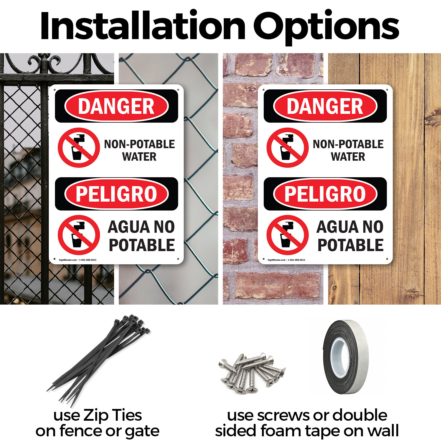 (2 Pack) Non-Potable Water Bilingual OSHA Danger Sign Decal Metal Plastic