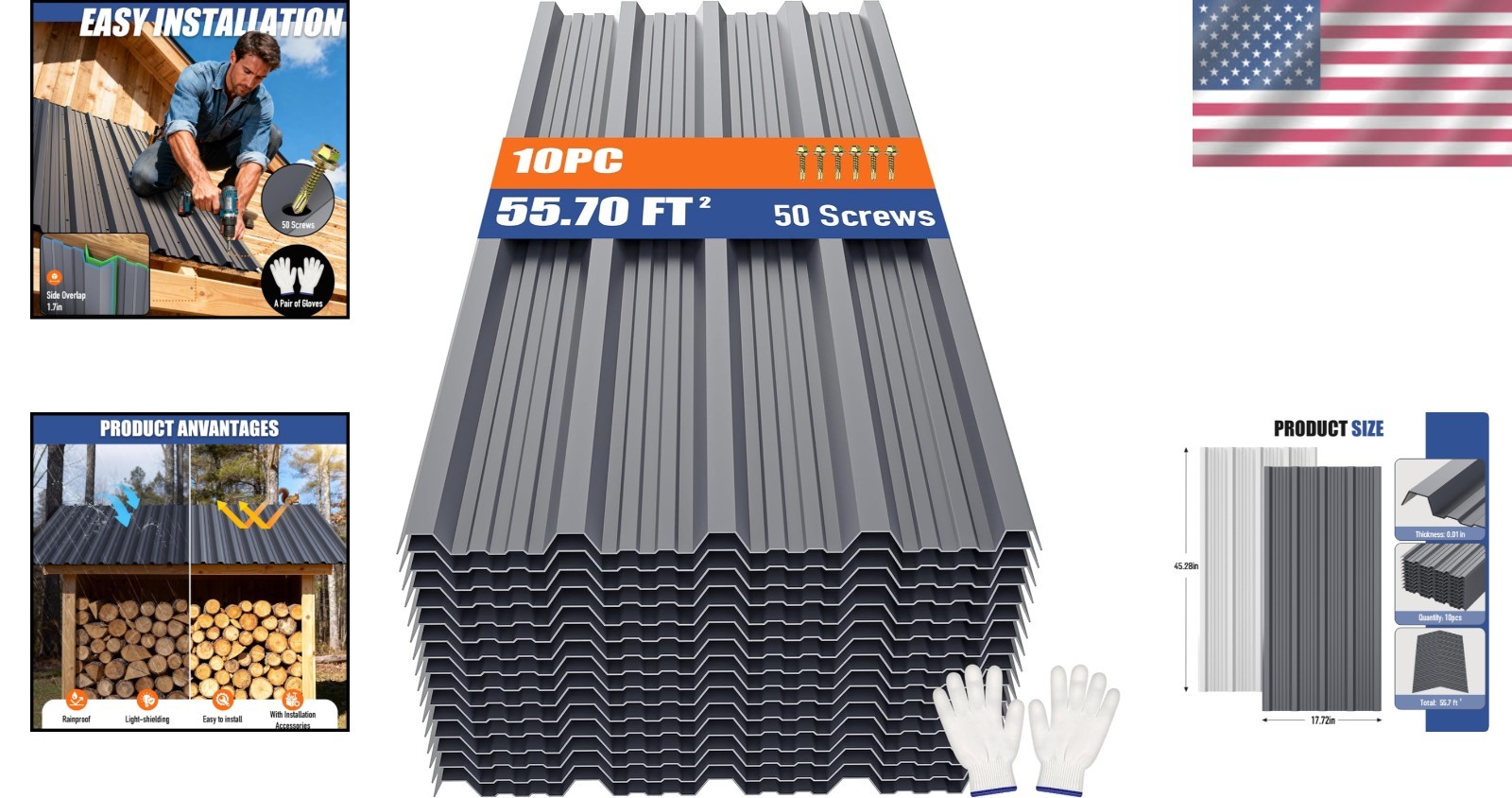 Durable 10-Pack Grey Galvanized Steel Roof Panels – UV & Corrosion Resistant