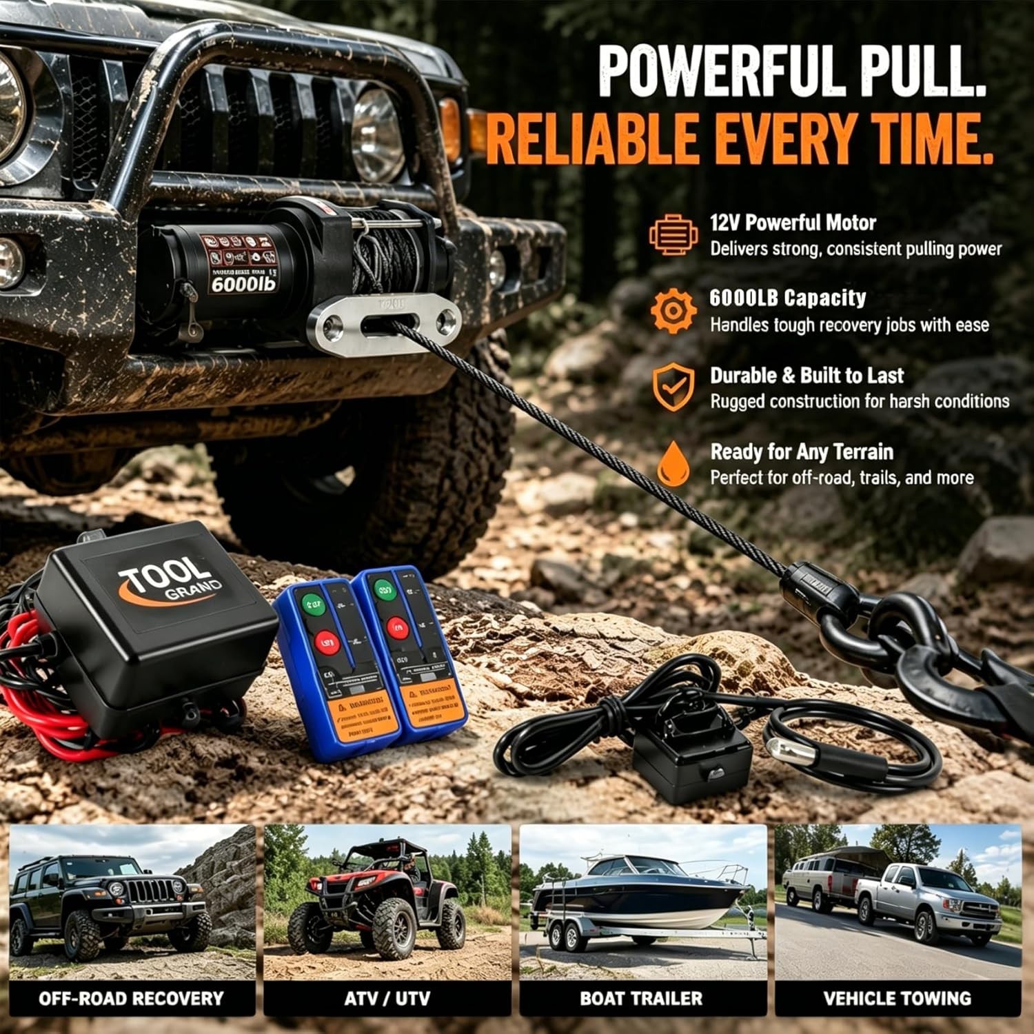 6000LBS 12V Electric Winch Synthetic Rope Remote for ATV UTV Boat Trailer Jeep