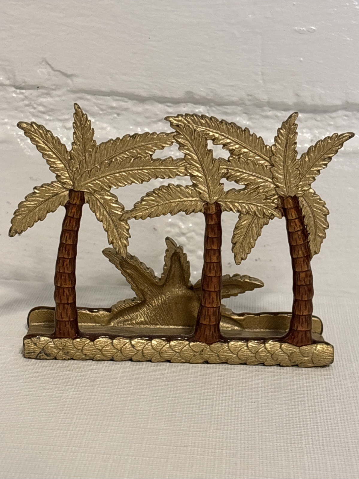 VTG Enamel Heavy Business Card Holder Desk Palm Trees Rhinestones Metal Art