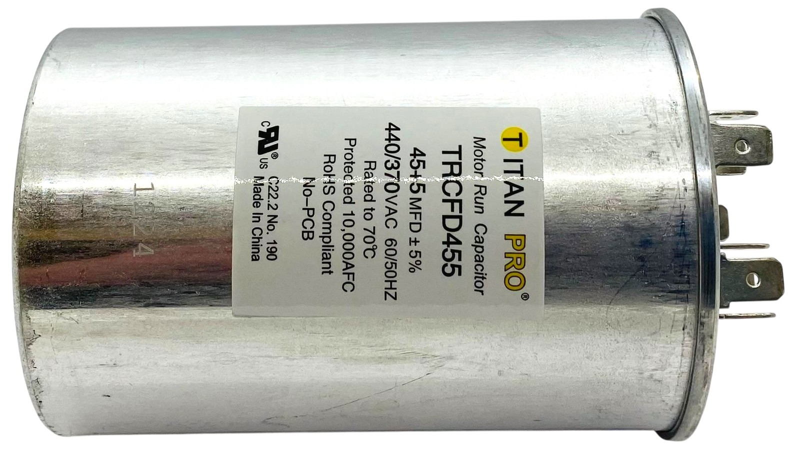 Packard Titan Pro Run Capacitor, Round, 45+5 Mfd, 440-370V, TRCFD455