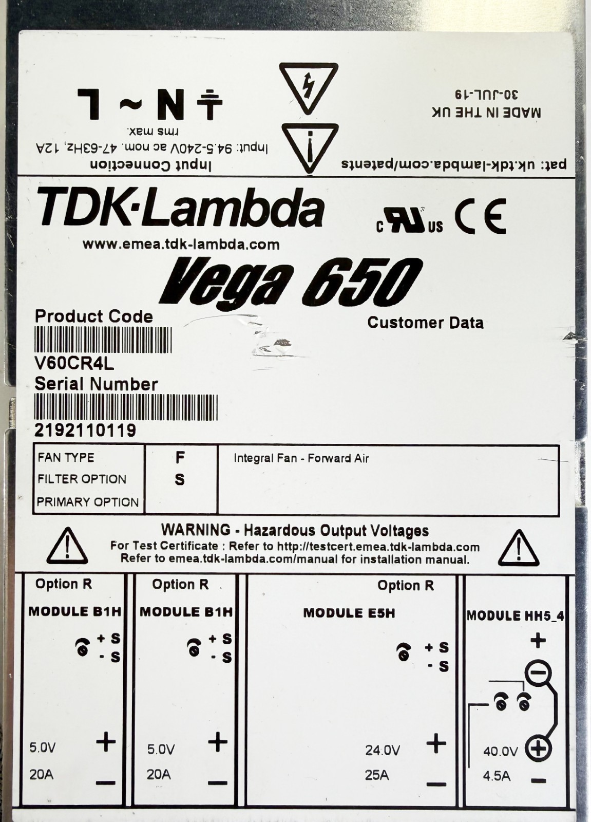 TDK Lambda Vega 650 V60CR4L DC Modular Power Supply 5v/20a 24v/25a 40v/4.5a out