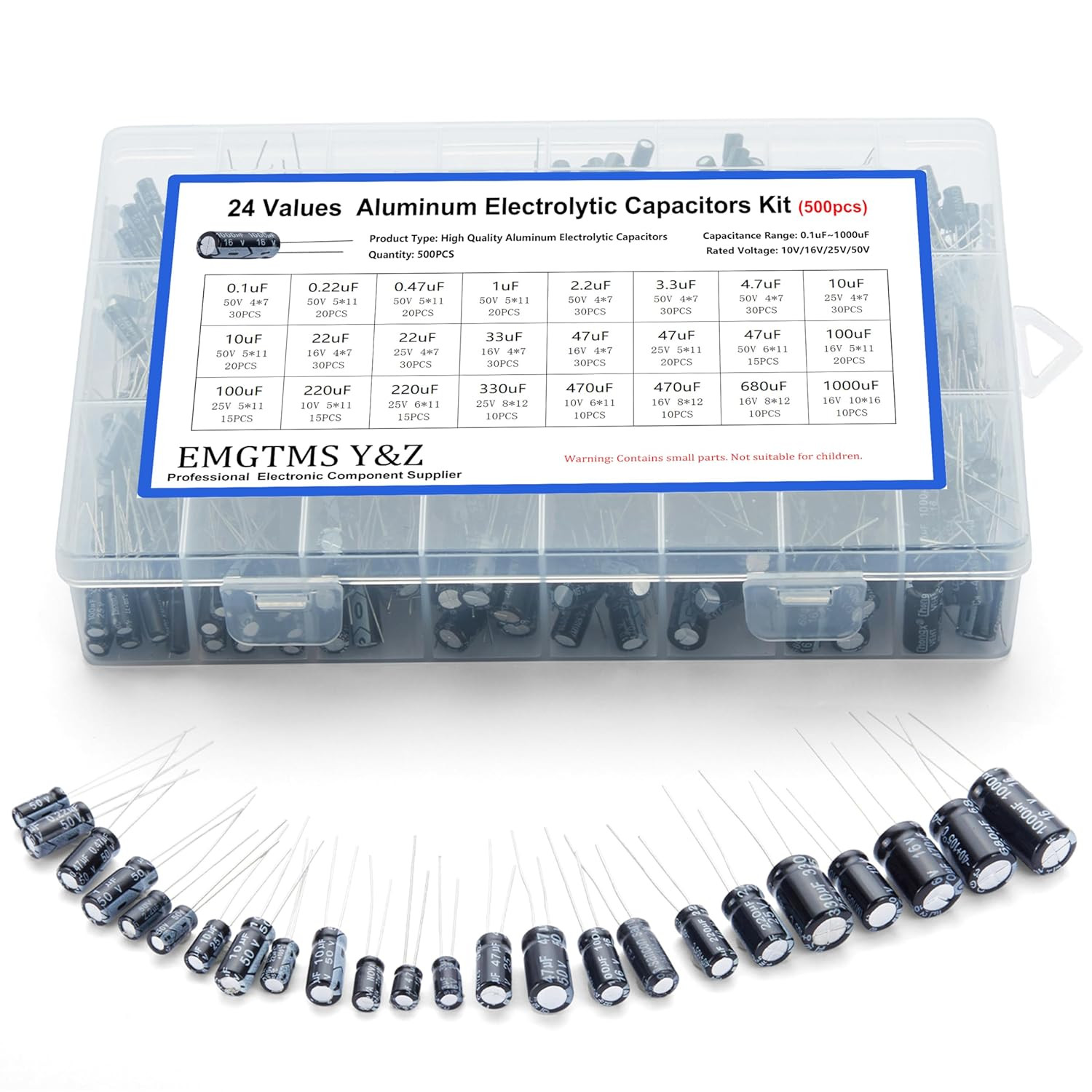500Pcs 24-Value Aluminum Electrolytic Capacitors Assortment Kit | 0.1Uf-1000Uf