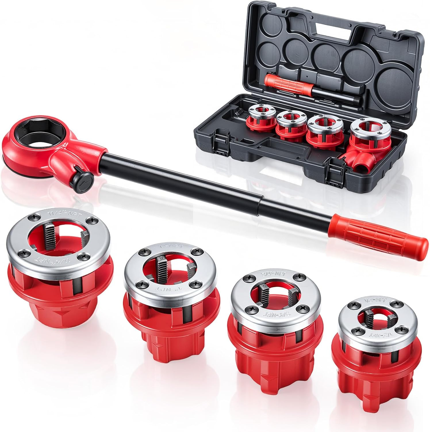 Ratchet Pipe Threader Kit with 4 Dies, 1/2″ NPT, 3/4″ NPT, 1″ NPT, 1-1/4″ NPT Ma