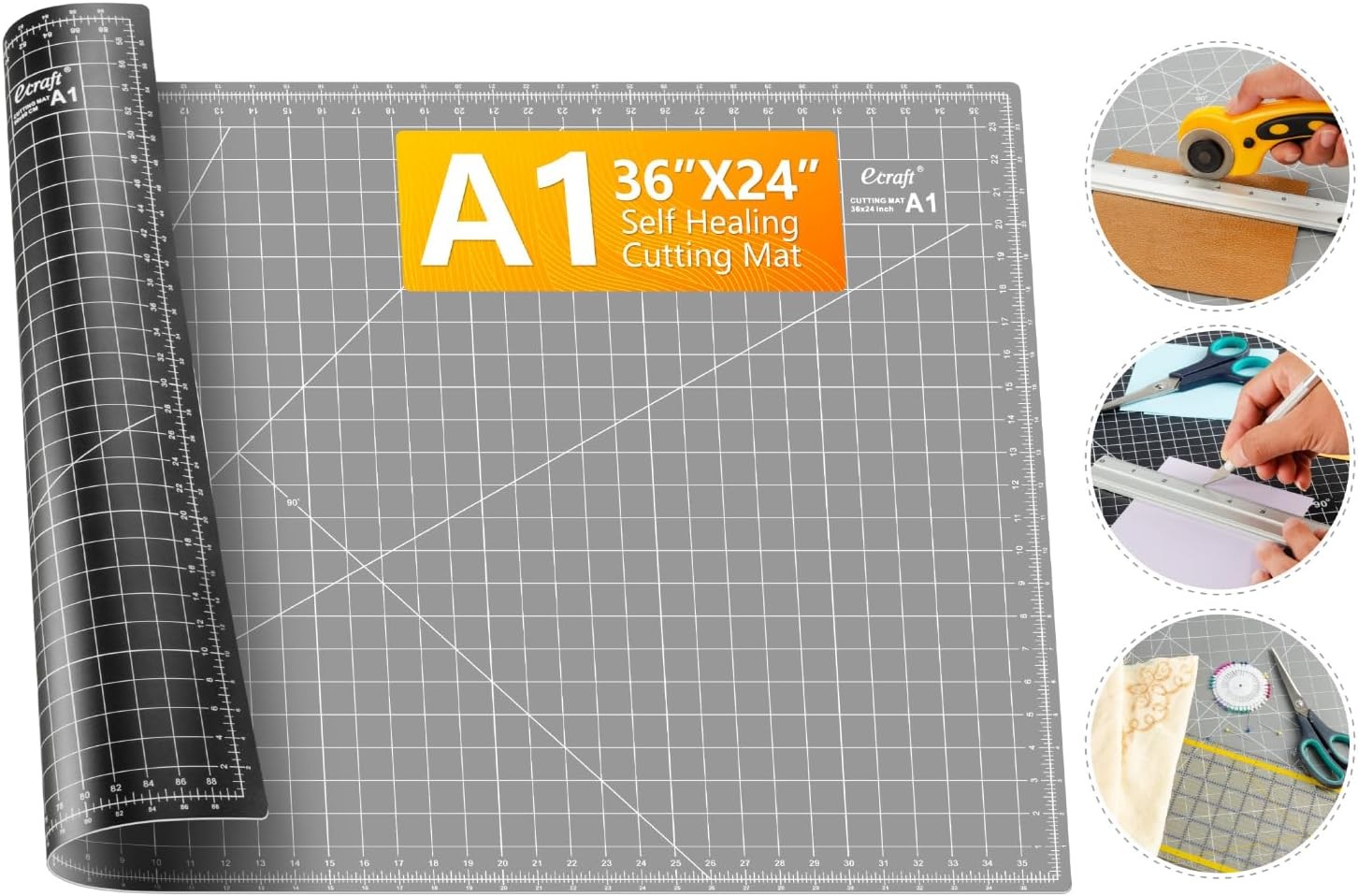 Ecraft Large Self Healing Cutting Mat: 24″ x 36″ Double 36L x 24W, Grey/Black
