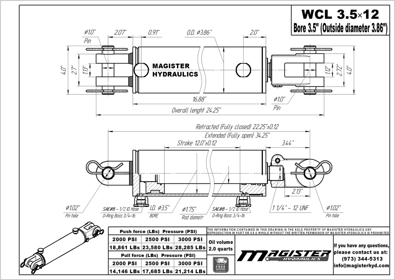 Hydraulic Cylinder Welded Double Acting 3.5″ Bore 12″ Stroke Clevis 3.5×12 NEW