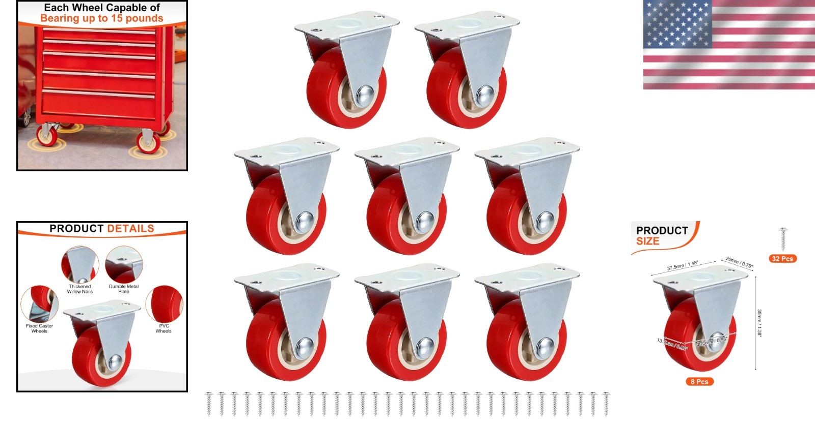 1 Inch PVC Caster Wheels Red Non-Swivel for DIY Projects and Furniture