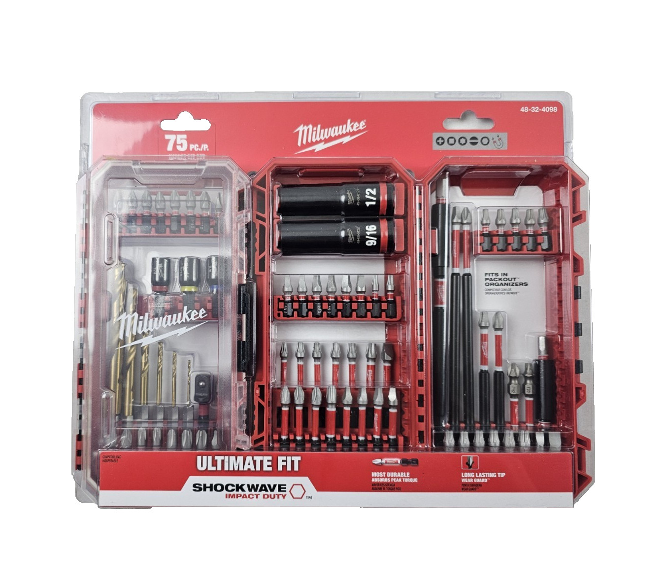 Milwaukee 75 Pc Impact Drill Drive & Fasten Bit Set Shockwave 48-32-4098 NEW