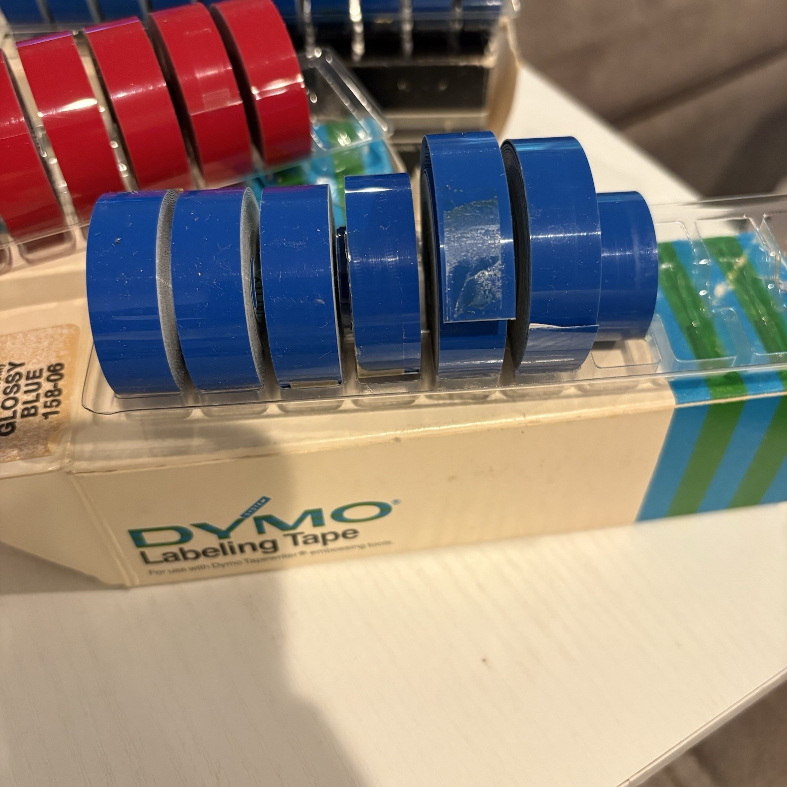 3 Boxes = 24 Rolls Vintage Dymo Labeling Embossing Tape Red & Blue Glossy 1977