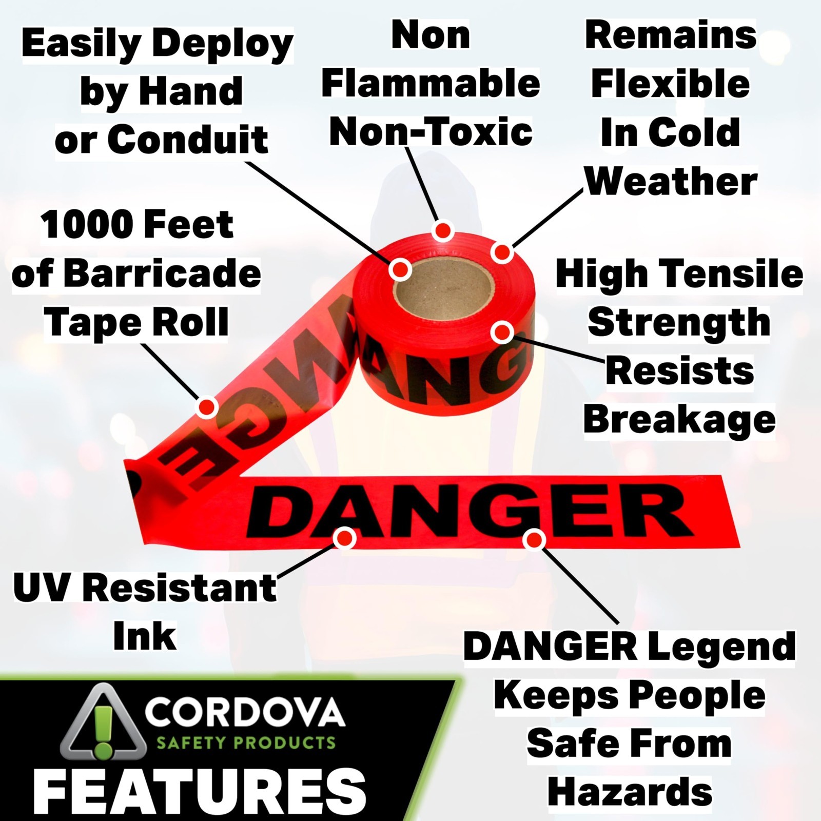 Cordova Safety Products – T15211 Pro Pack Danger Barricade Tape – Set of 12 Roll