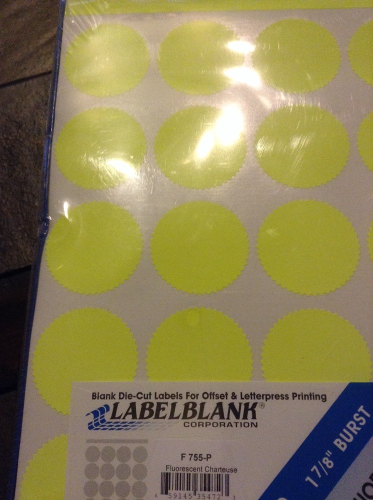 2000 bright yellow Chartreuse Flourescent 1 7/8″ Circle Burst label labels