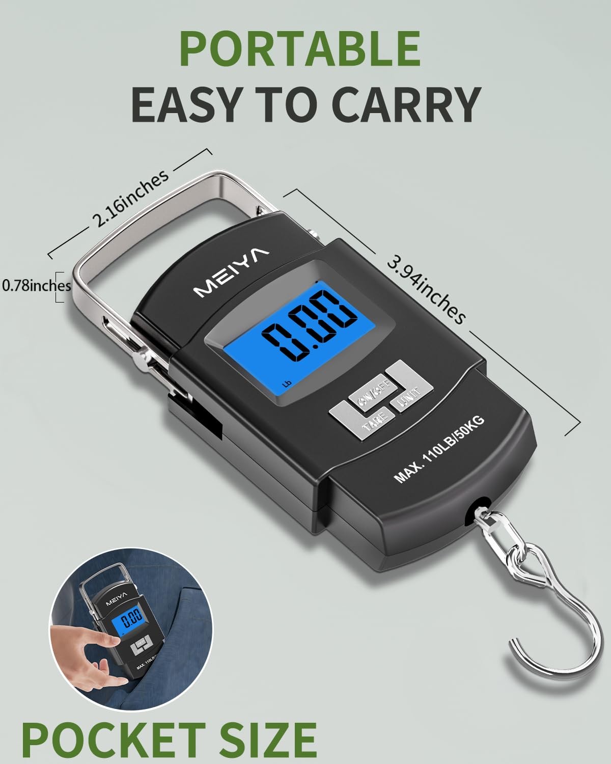 Digital Fish Scale 110lb/50kg Backlit LCD Stainless Steel Hook 2 AAA Batteries