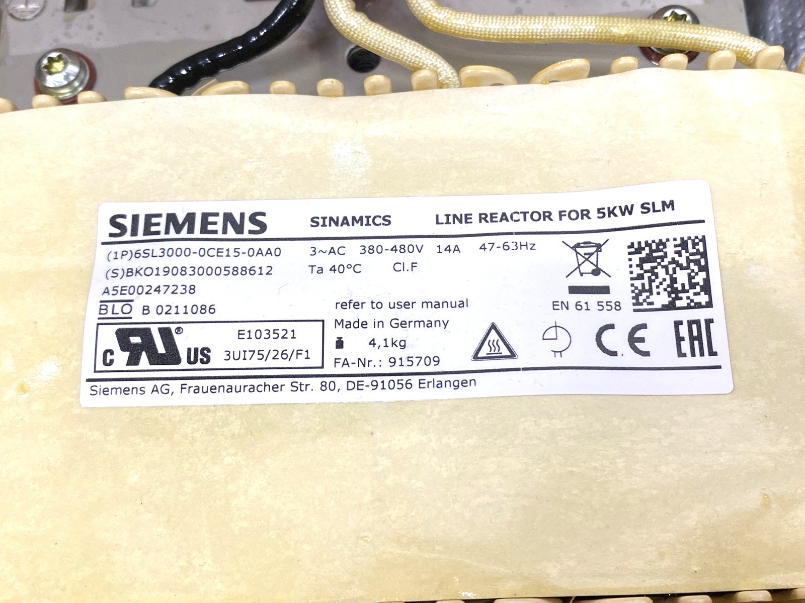 Siemens 6SL3000-0CE15-0AA0 SINAMICS Line Reactor Transformer for 5kW SLM 14A