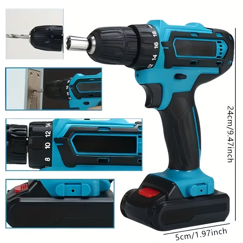 Rechargeable Electric Drill, Equipped with Drill, LED Lighting, Portable Multi