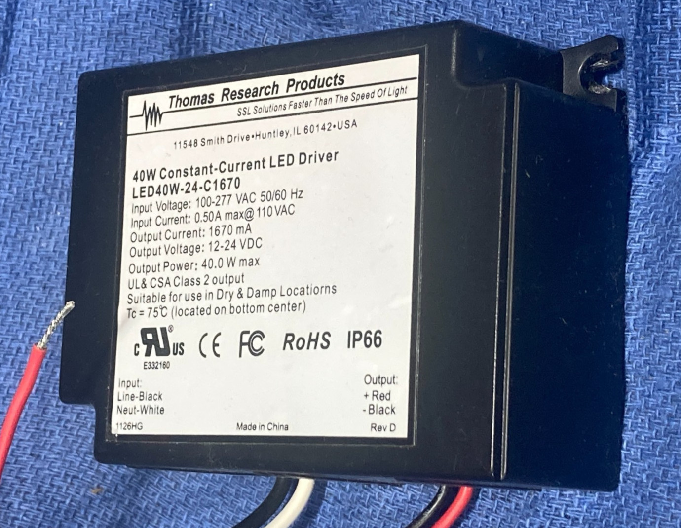 THOMAS RESEARCH LED40W-24-C1670 CONSTANT-CURRENT LED DRIVER, 40W, 12-24VDC