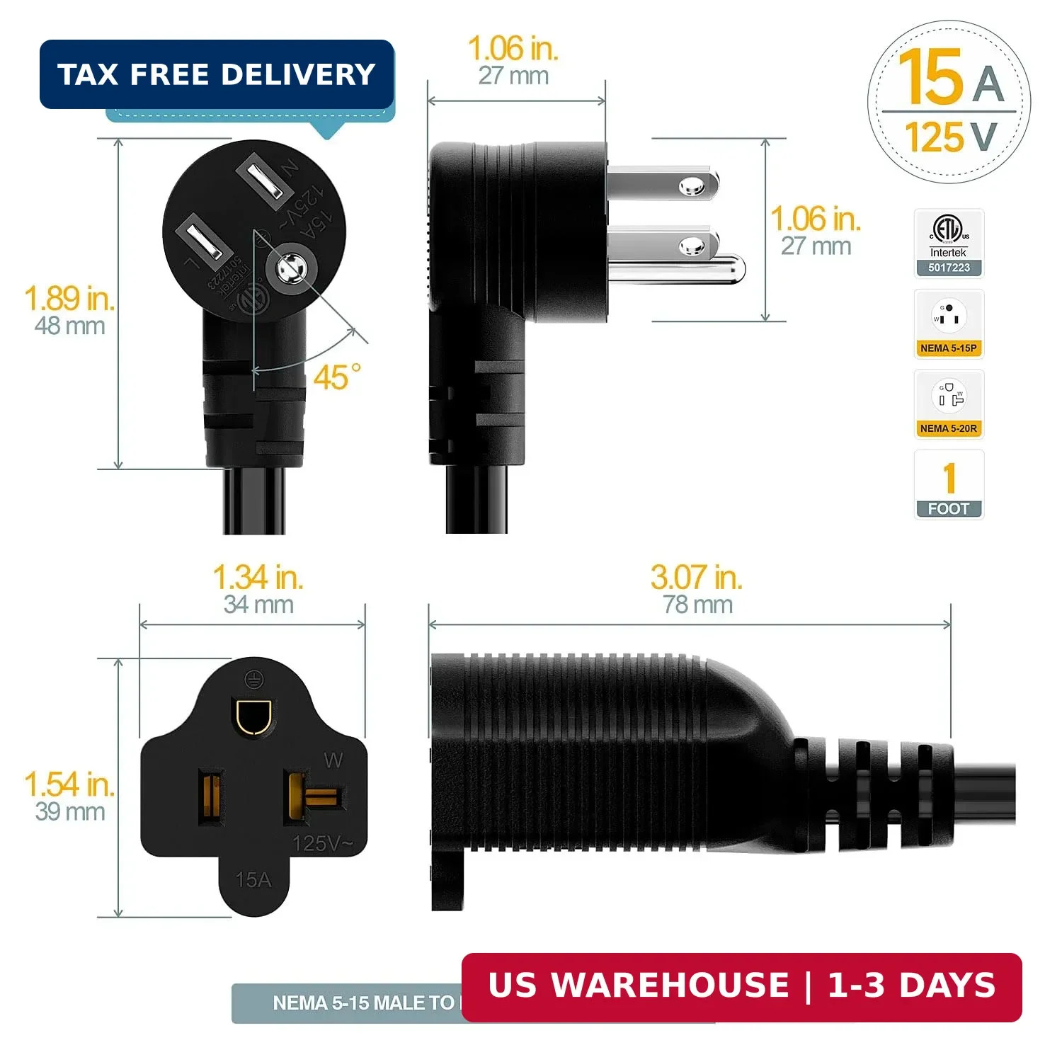 1-Foot Right Angle15 Amp Household AC Plug to 20 Amp T Blade Adapter Cable，14AWG