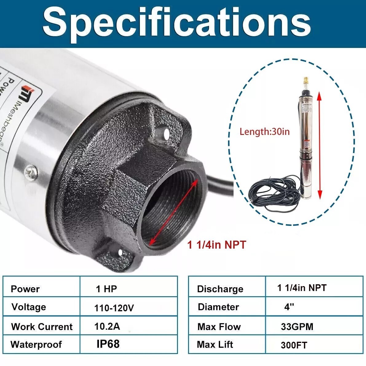 1HP 4″ Deep Well Submersible Pump 220V 33GPM 257FT Max 50FT Cord Stainless Steel