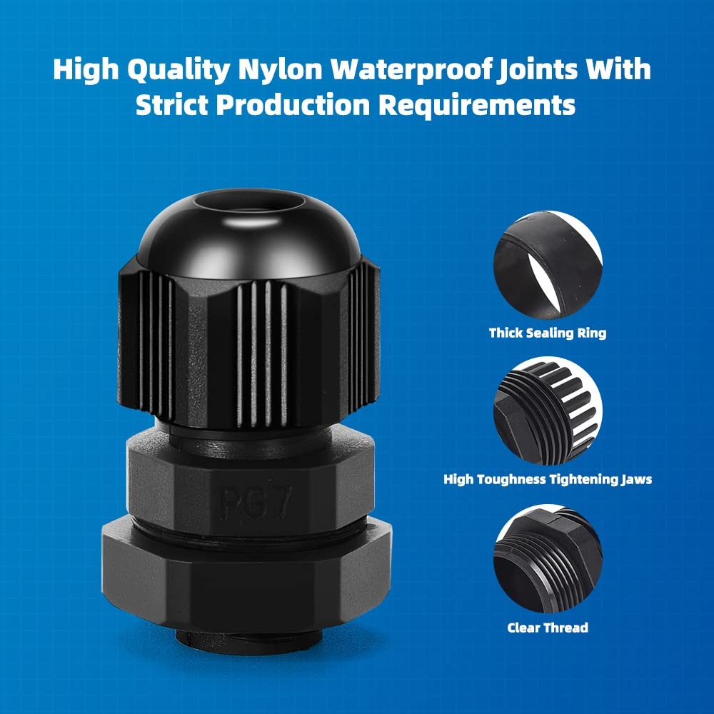 Cable Gland 20 Pack PG7 Waterproof Adjustable Connectors 3-7mm Nylon Joints