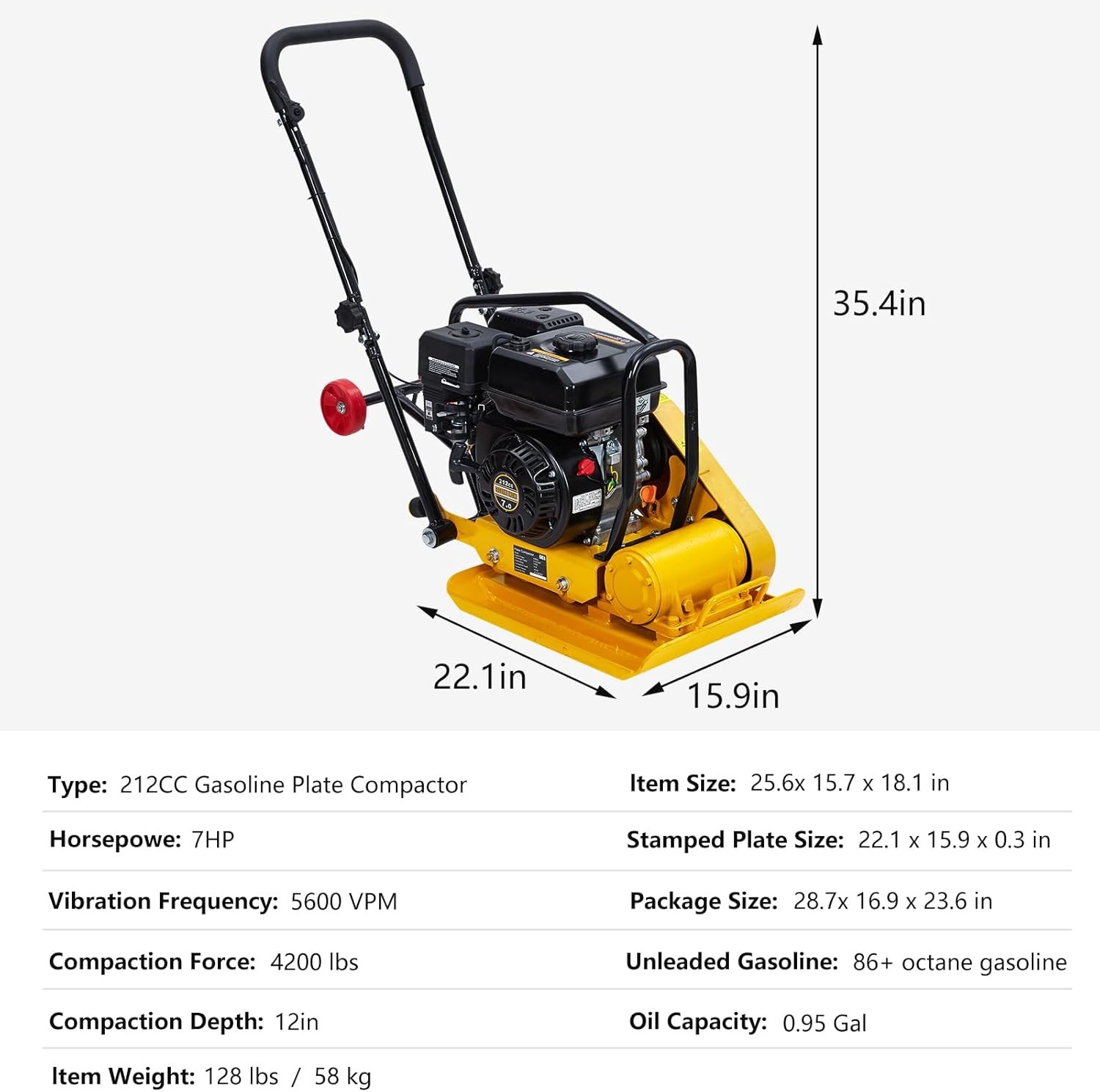 7HP Plate Compactor 212CC Gas Engine 4200lbs Compaction Hammer Jump Jack 5600VPM